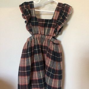 Zara plaid jumper dress. Navy, tan and browns with ruffles and buttons on back.